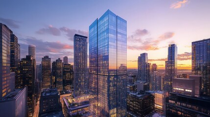 Obraz premium The towering presence of a skyscraper in a bustling city, with its glass facade catching the light of the setting sun.