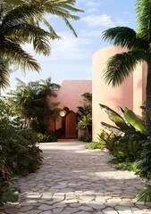 Tropical Resort Architecture with Palm Trees and Stone Path