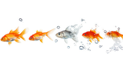  Goldfish jumping to freedom different direction from other on white background PNG Image, aquatic fauna concept.