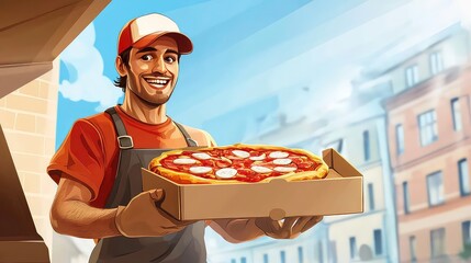 A pizza delivery man, wearing an orange t-shirt and black apron, holds a pizza box containing a...