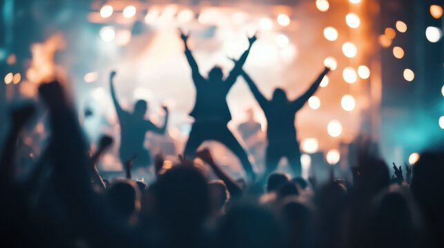 A dynamic scene of silhouettes jumping energetically at a concert, surrounded by bright stage lights and an enthusiastic crowd, highlighting the thrill and excitement of live music.