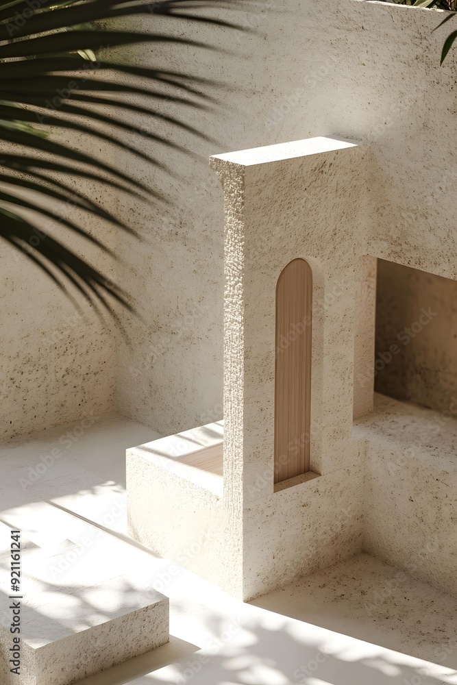 Poster minimalist architecture with arch and palm leaf