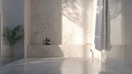 A stylish bathroom interior showcasing a marble shower curtain, minimalist fixtures, and grey porcelain floor tiles.