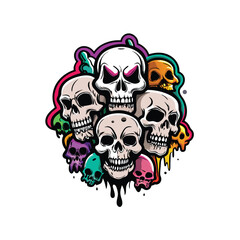 Colorful cartoon skulls in a spray paint style.