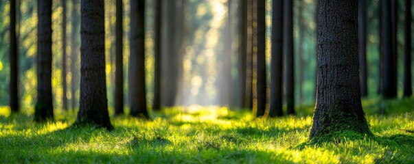 A serene forest clearing with sunlight streaming through the trees