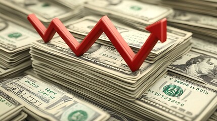 Financial Growth and Success Concept - 3D Rendered Illustration with Currency Stacks, Performance Graph, and Arrow Pointing Upward