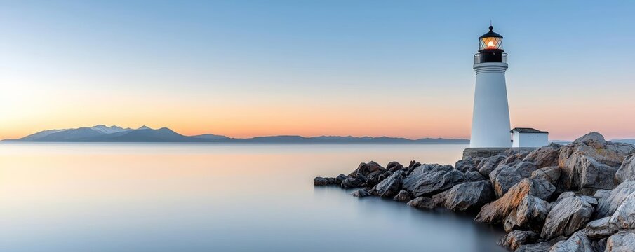 A serene image of a lighthouse on a rocky shore at sunrise