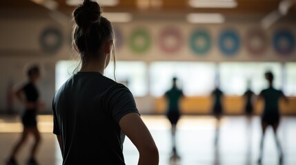 Woman stands observing, perhaps coaching or supervising various people engaging in physical activities in a large indoor sports hall or gymnasium, reflecting organized sports and teamwork.