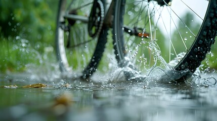 A bicycle tire splashes through a puddle on a rainy day, with water droplets caught in motion against a blurred background.