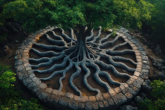 aerial view of an ancient tree its sprawling root system creating a mesmerizing mandala pattern lush canopy surrounds the central focal point symbolizing interconnectedness of nature