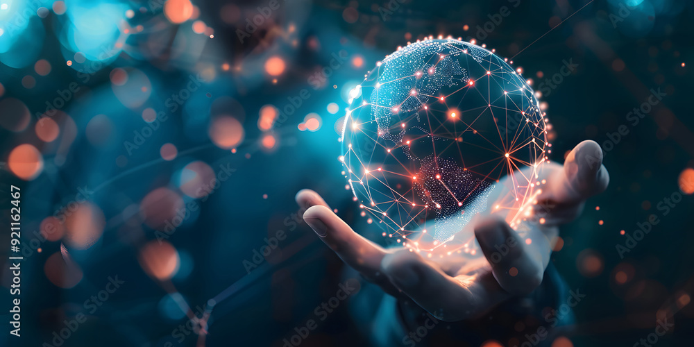Poster digital technology, internet global network connection, data exchange concept. a person touching on 