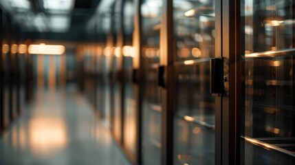 A softly illuminated hallway with glass panels and a warm, inviting glow. The cozy ambience and modern design elements create a transitional space that feels welcoming.