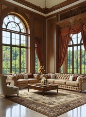 Luxury Living Room Interior Design With Beige Sofa And Floral Arrangement