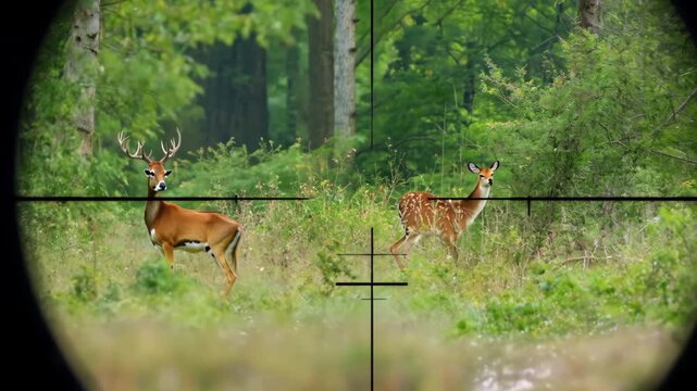 Sight of gun aimed at roe deer. Look through binoculars on deer. Hunter watches game pov. Concept of hunting. Animals in wild forest. Herd of roebuck in natural habitat. Green wood. Man point of view.