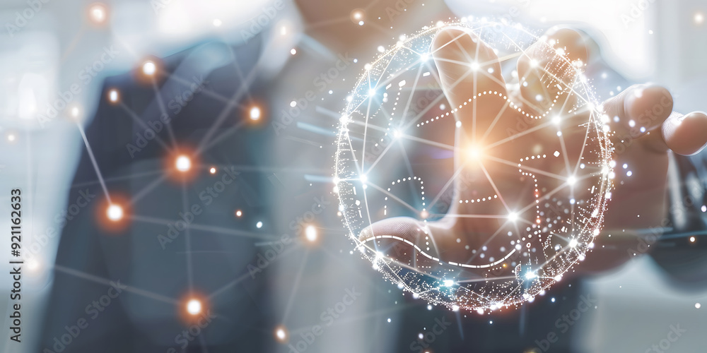 Poster digital technology, internet global network connection, data exchange concept. a person touching on 