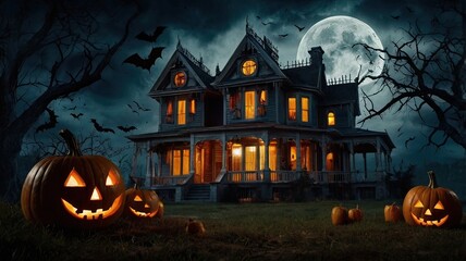 Holiday Decorated House Halloween. Night scene, backlight, shadow. Halloween haunted house under the moon