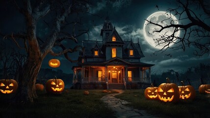 Holiday Decorated House Halloween. Night scene, backlight, shadow. Halloween haunted house under the moon