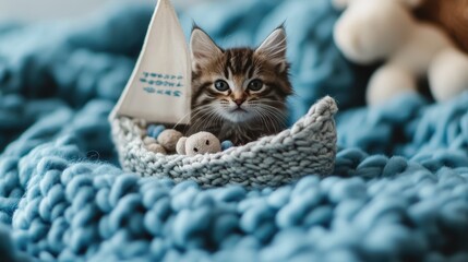 A little kitten sits in a knitted boat, surrounded by plush toys, on a snug blue blanket. The scene gives a serene and peaceful vibe with a hint of playfulness.