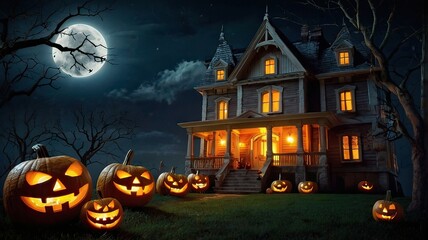 Holiday Decorated House Halloween. Night scene, backlight, shadow. Halloween haunted house under the moon