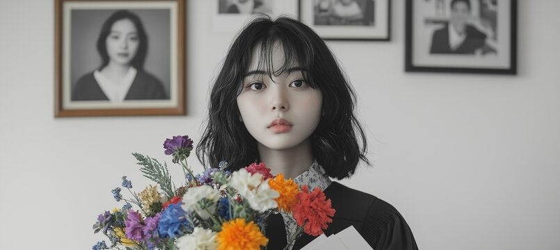 Black and white photo of young Asian woman in graduation gown Holding a bouquet of brightly colored flowers, wearing a gown, her face still, the wall behind her has a picture frame. Photos of the fami