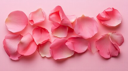 A top-down view of pink rose petals elegantly placed on a pastel pink backdrop, evoking a sense of tenderness.