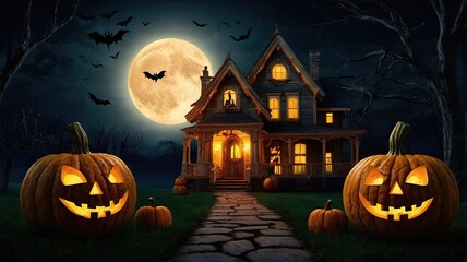 Holiday Decorated House Halloween. Night scene, backlight, shadow. Halloween haunted house under the moon