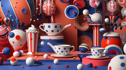 Abstract 3D Illustration of Teacups and Candy