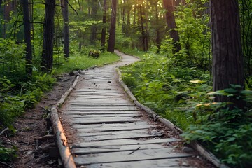 Fototapeta premium Wooden Path Through Lush Green Forest