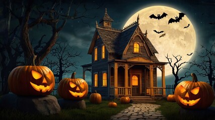 Holiday Decorated House Halloween. Night scene, backlight, shadow. Halloween haunted house under the moon