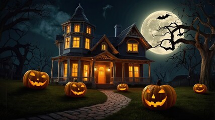 Holiday Decorated House Halloween. Night scene, backlight, shadow. Halloween haunted house under the moon