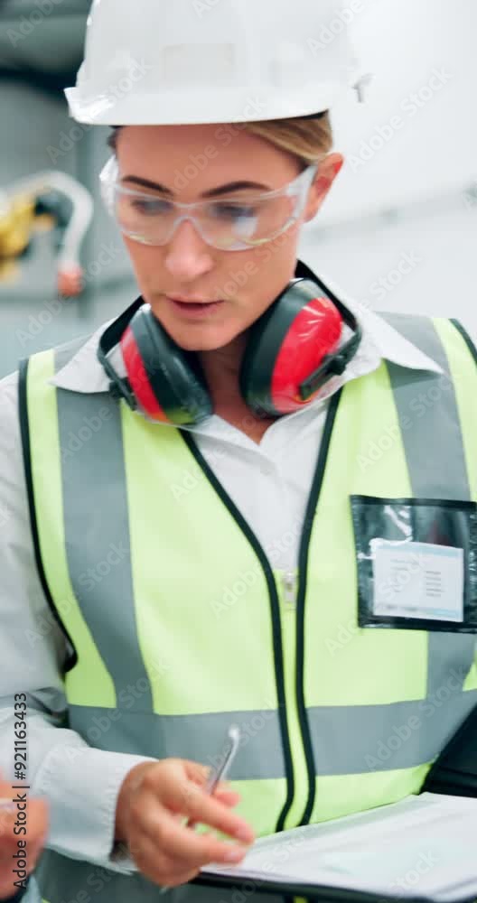 Poster woman, engineer and checklist for robotics at factory of machine inspection, maintenance or automati