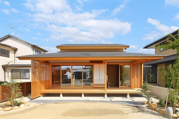 Modern Japanese Style Wooden House with a Large Porch
