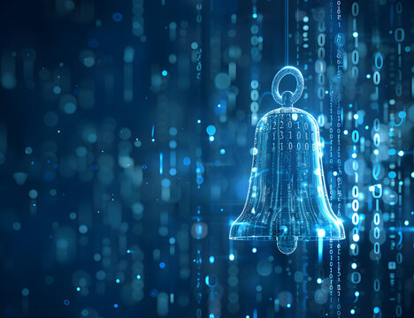 Digital blue bell icon with binary code element, AI in notification systems, event scheduling algorithms, personalized alerts, and communication for enhanced user engagement and productivity design