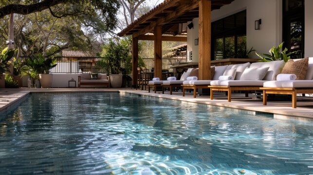 A picturesque pool area at a rustic retreat lodge featuring wooden elements and surrounded by lush greenery, providing a peaceful nature-centric getaway for relaxation.