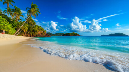 A tropical beach with palm trees swaying by the blue ocean under a clear sky. The golden sand stretches into the distance, perfect for a summer vacation scene.