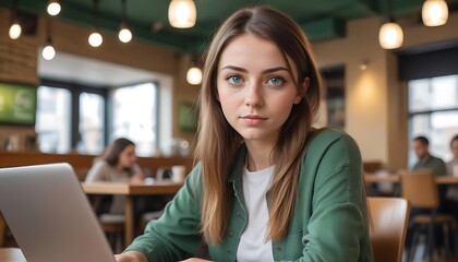 Fototapeta premium Young female freelancer or student using laptop while sitting in a coffee shop with blur background created with generative ai 