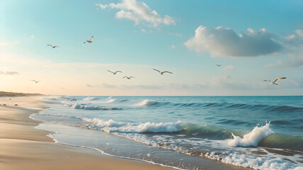 Morning Serenity: A Dawn Overview of Pristine Beach with Seagulls and Gentle Wav