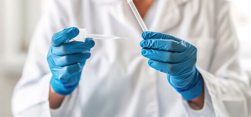 Close up of a scientist's hands wearing blue nitrile gloves, holding a pipette and a test tube. Medical and scientific research concept.