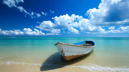 An old boat rests on a quiet beach with clear blue water and a cloudy sky. This scene evokes a sense of solitude and serenity.