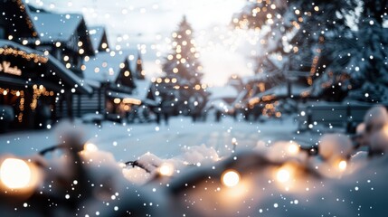 A picturesque village blanketed with snow, illuminated by festive lights. The cozy, peaceful...