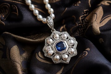 Fototapeta premium Elegant White Gold Pearl Pendant with Sri Lankan Sapphire and Filigree Detail on Brocade Background