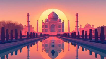 A beautiful sunset over a building. The sun is setting behind the palace, casting a warm glow over the entire scene. The palace is surrounded by a long walkway