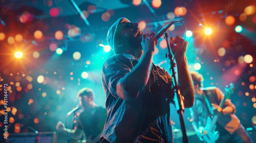 Poster a man singing on stage with a microphone in front of a crowd