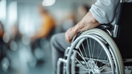 Obraz premium A person is seated in a wheelchair inside a facility, likely a hospital or community center, with a focus on their arm and the wheel of the chair they are using.