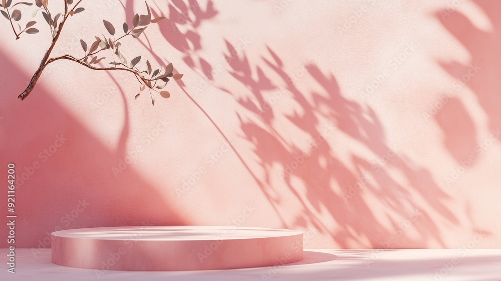 Poster a minimalist display with soft pink walls and a light circular platform adorned with delicate shadow