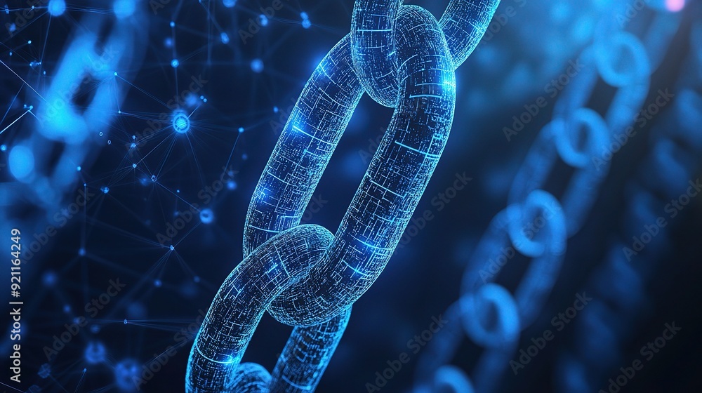 Poster digital chain: glowing blue blockchain link, symbolizing secure and transparent data storage in the 