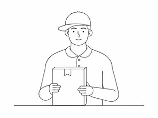 continuous single line drawing of delivery person holding parcel, line art vector illustration
