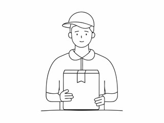 continuous single line drawing of delivery person holding parcel, line art vector illustration
