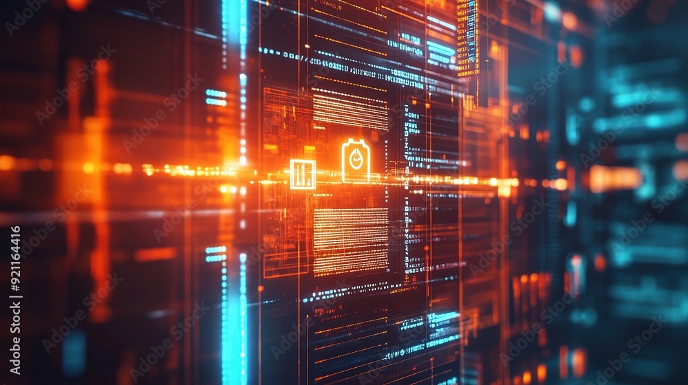 Poster cyber security: a futuristic abstract image depicts an intricate network of digital data streams, hi
