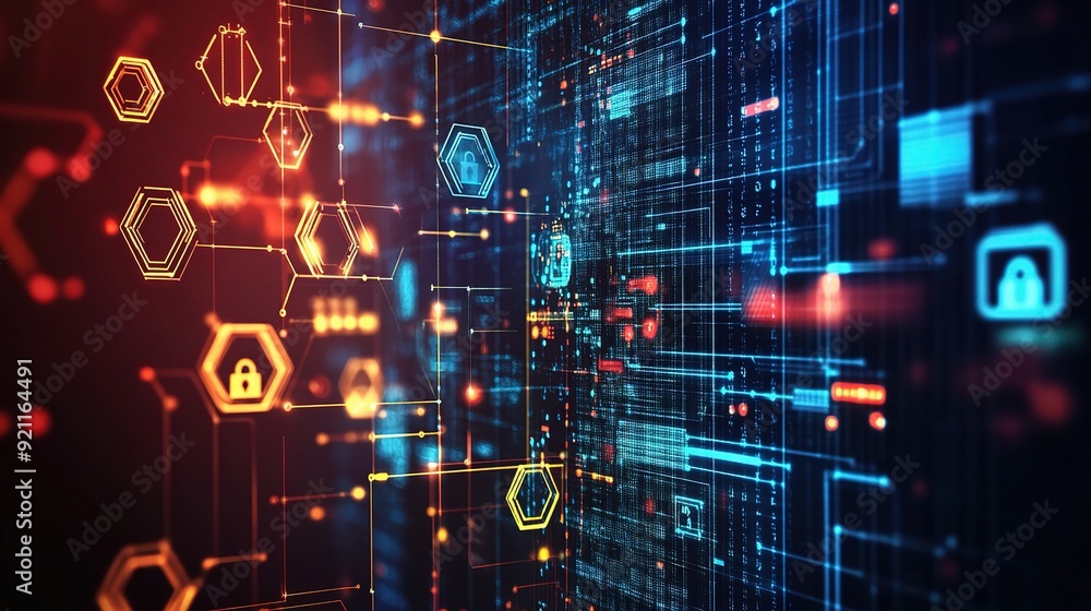 Poster cybersecurity fortress: a digital network pulsates with activity, security icons glowing amidst data